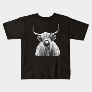 Black and White Highland Cow Kids T-Shirt